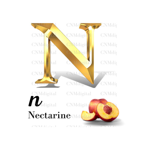 Gold letters fruits, LATTER - N  Gold color letters, including NECTARINA fruit, English alphabet letters, including NECTARINA fruit, Instant Download. PNG file, clipart, Transparent, Not Font.