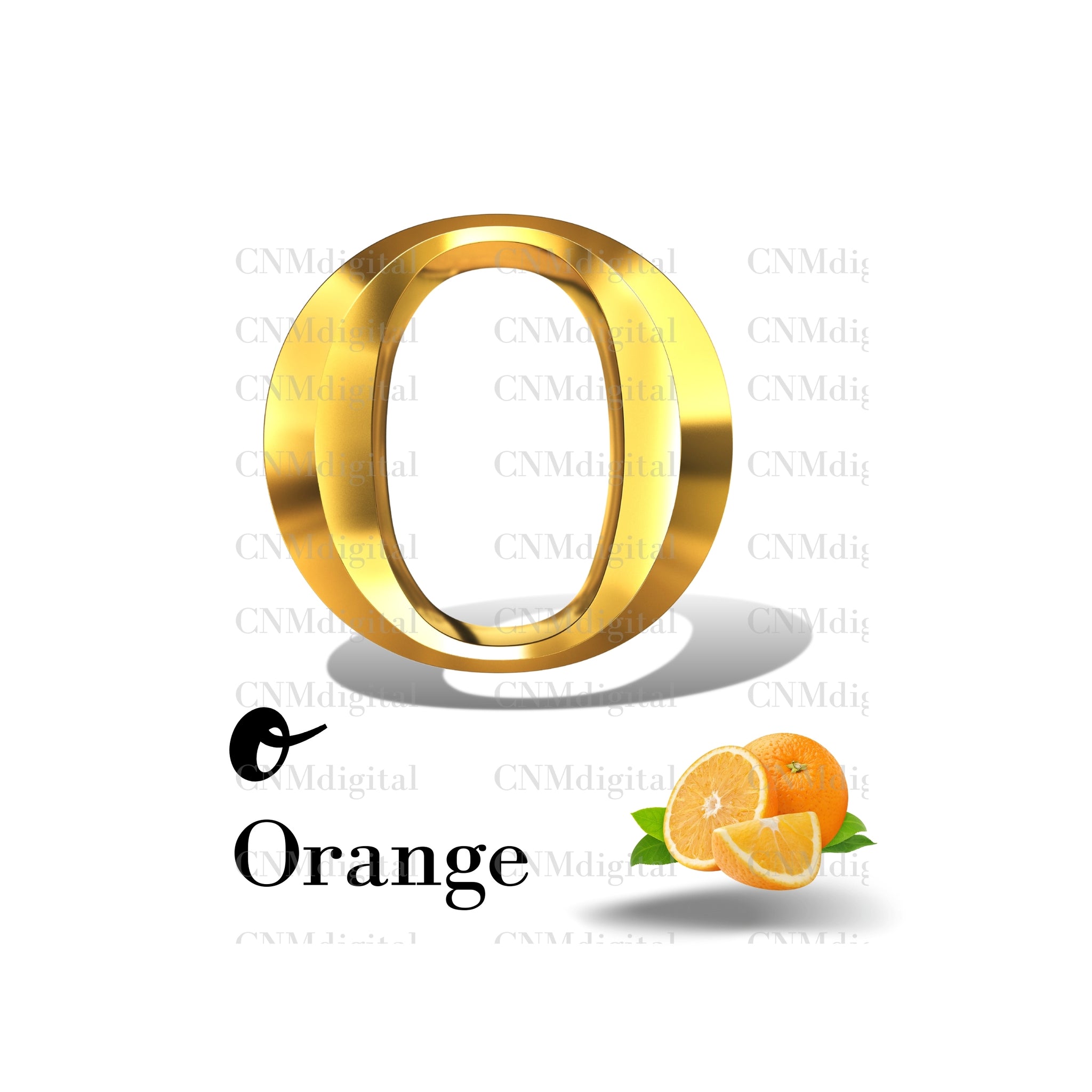 Gold letters fruits, LATTER - O  Gold color letters, including ORANGE fruit, English alphabet letters, including ORANGE fruit, Instant Download. PNG file, clipart, Transparent, Not Font.