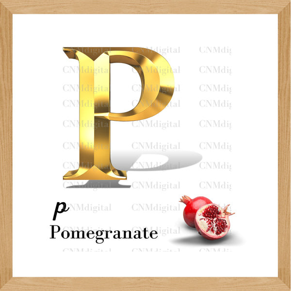Gold letters fruits, LATTER - P  Gold color letters, including POMEGRANTE fruit, English alphabet letters, including POMEGRANTE fruit, Instant Download. PNG file, clipart, Transparent, Not Font.