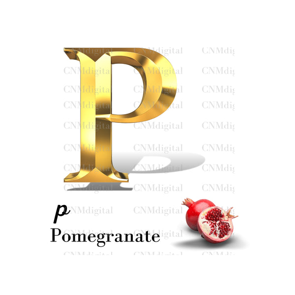 Gold letters fruits, LATTER - P  Gold color letters, including POMEGRANTE fruit, English alphabet letters, including POMEGRANTE fruit, Instant Download. PNG file, clipart, Transparent, Not Font.