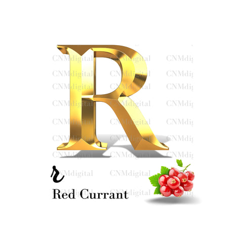 Gold letters fruits, LATTER - R  Gold color letters, including RED CURRANT fruit, English alphabet letters, including RED CURRANT fruit, Instant Download. PNG file, clipart, Transparent, Not Font.