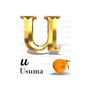 Gold letters fruits, LATTER - U Gold color letters, including USUMA fruit, English alphabet letters, including USUMA fruit, Instant Download. PNG file, clipart, Transparent, Not Font.