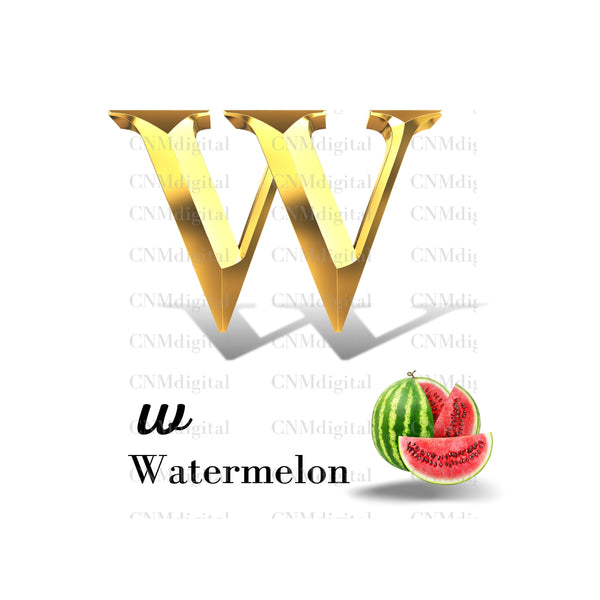 Gold letters fruits, LATTER - W Gold color letters, including WATERMELON fruit, English alphabet letters, including WATERMELON fruit, Instant Download. PNG file, clipart, Transparent, Not Font.