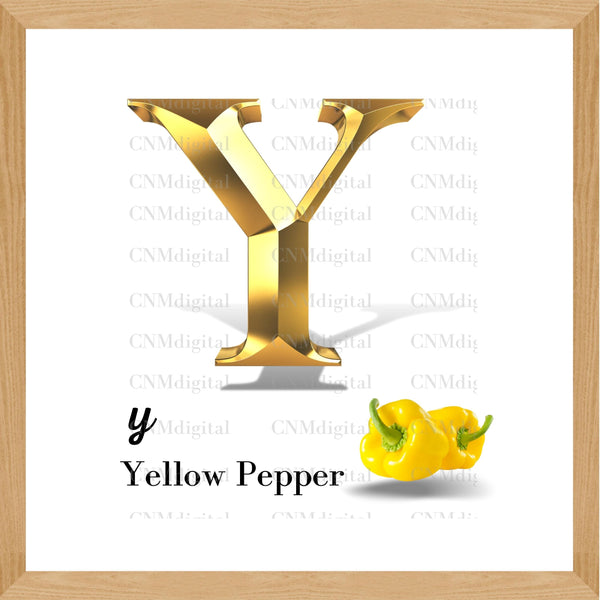 Gold letters fruits, LATTER - Y  Gold color letters, including YELLOW PEPPER fruit, English alphabet letters, including YELLOW PEPPER fruit, Instant Download. PNG file, clipart, Transparent, Not Font.