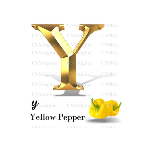 Gold letters fruits, LATTER - Y  Gold color letters, including YELLOW PEPPER fruit, English alphabet letters, including YELLOW PEPPER fruit, Instant Download. PNG file, clipart, Transparent, Not Font.