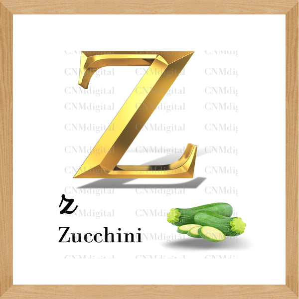 Gold letters fruits, LATTER - Z  Gold color letters, including ZUCCHINI  fruit, English alphabet letters, including ZUCCHINI fruit, Instant Download. PNG file, clipart, Transparent, Not Font.