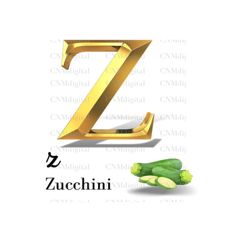 Gold letters fruits, LATTER - Z  Gold color letters, including ZUCCHINI  fruit, English alphabet letters, including ZUCCHINI fruit, Instant Download. PNG file, clipart, Transparent, Not Font.