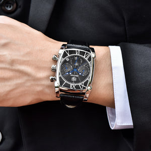 Rectangle Case Chronograph Men Watch Quartz Waterproof 30M Genuine Leather Model Number: BY-5113M