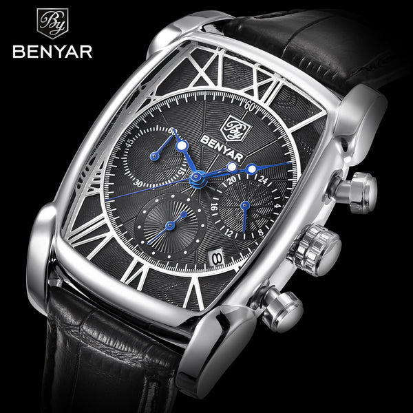 Rectangle Case Chronograph Men Watch Quartz Waterproof 30M Genuine Leather Model Number: BY-5113M