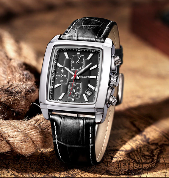 Men Watch luxury Quartz Chronograph Stainless Steel Military, Leather Wristwatch. Model # 2028
