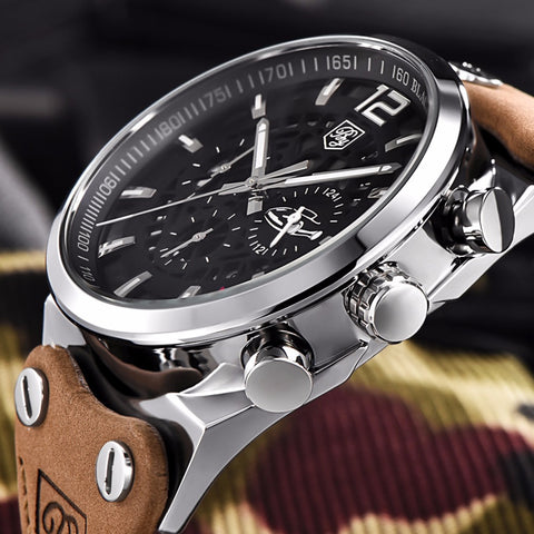 Men Watch Leather Waterproof Sport Military Quartz Chronograph   Model Number: BY-5112M