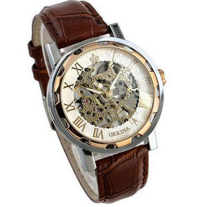 Mans Watch Leather Band Stainless Skeleton Mechanical Wrist MODEL # MZ1152